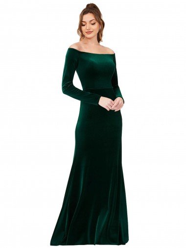 Affordable Off the Shoulder Long Sleeves Formal Stretch Velvet Bridesmaid Dress / Prom Dress UK