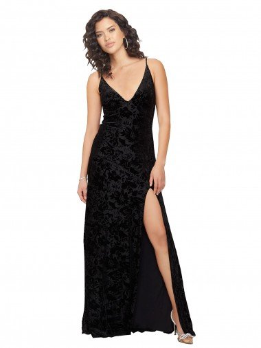 Affordable V-Neck Cowl Back Floral Velvet Bridesmaid Dress with Front Slit and Deep V-Neck UK