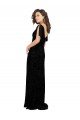 Affordable Split Sleeves V-Neck Floral Velvet Bridesmaid Dress with Front Slit UK