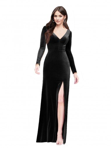 Affordable Long Sleeves Formal Velvet Bridesmaid Dress / Prom Dress with V-Neckline and Thigh Slit UK