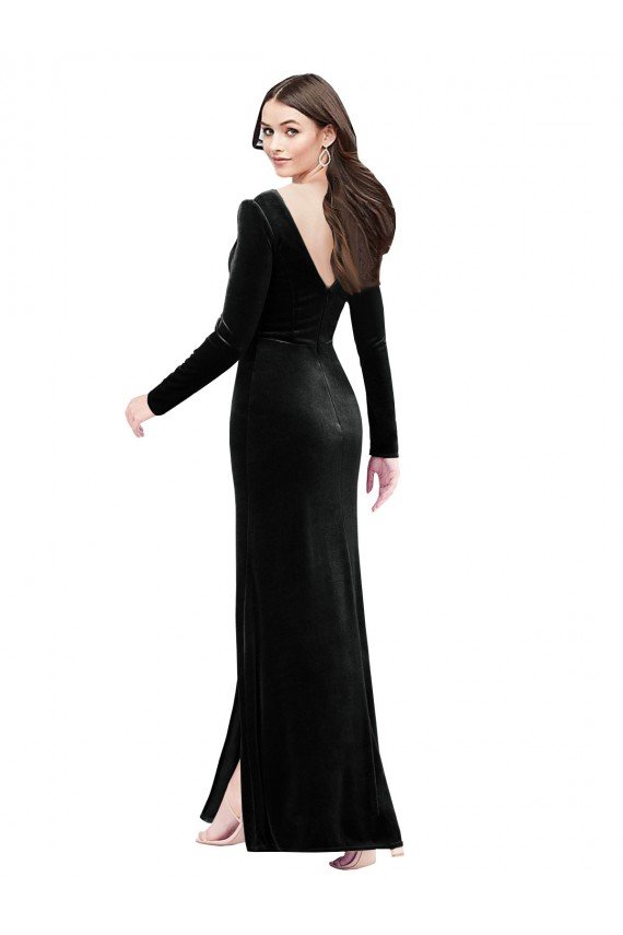 Affordable Long Sleeves Formal Velvet Bridesmaid Dress / Prom Dress with V-Neckline and Thigh Slit UK