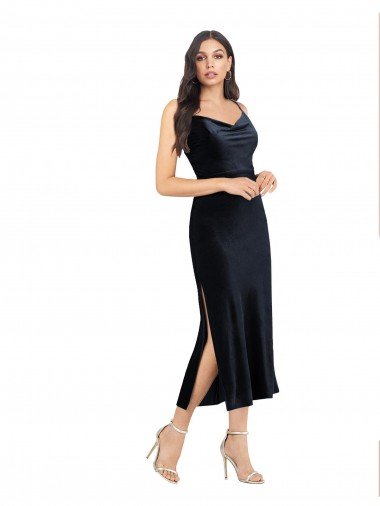 Affordable Midi Cocktail Length Formal Velvet Bridesmaid Dress / Prom Dress with Cowl Neck and Spaghetti Straps UK