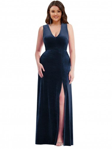 Affordable Deep V-Neck Sleeveless Formal Velvet Maxi Bridesmaid Dress / Prom Dress with Pockets UK