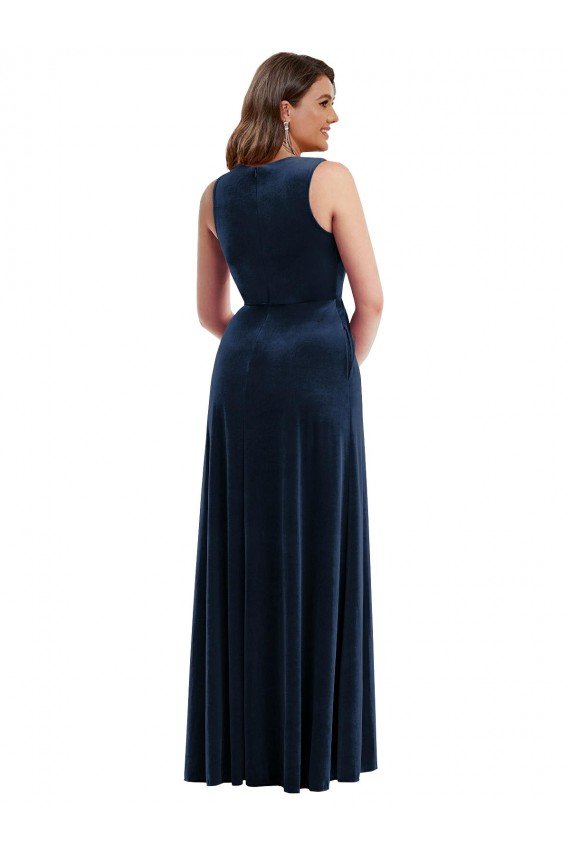 Affordable Deep V-Neck Sleeveless Formal Velvet Maxi Bridesmaid Dress / Prom Dress with Pockets UK