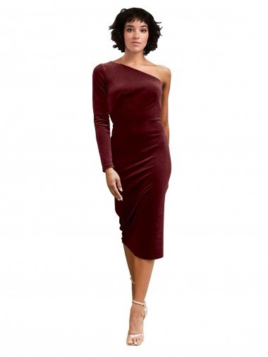 Affordable One Shoulder Fitted Short Midi Length Velvet Bridesmaid Dress / Prom Dress UK