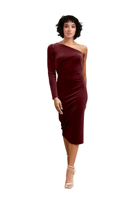 Affordable One Shoulder Fitted Short Midi Length Velvet Bridesmaid Dress / Prom Dress UK