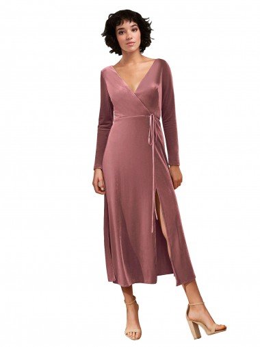 Affordable Long Sleeve Velvet Faux Wrap Midi Length Bridesmaid Dress / Prom Dress UK