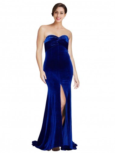 Affordable Strapless Ruched Formal Velvet Bridesmaid Dress / Prom Dress with Sweep Train and Front Slit UK