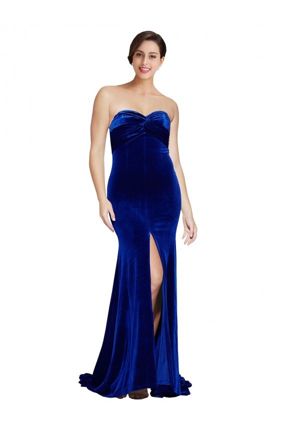 Affordable Strapless Ruched Formal Velvet Bridesmaid Dress / Prom Dress with Sweep Train and Front Slit UK