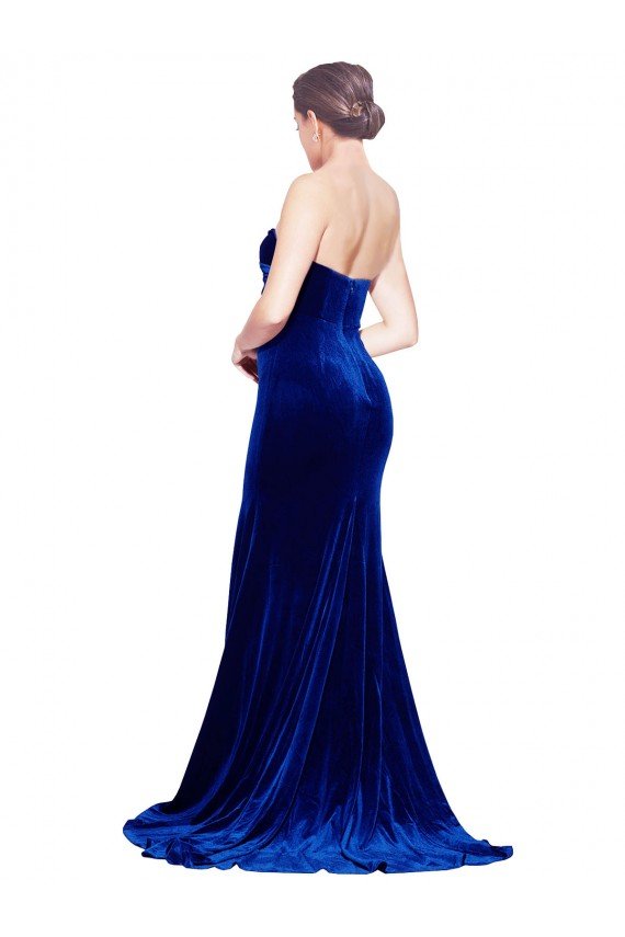 Affordable Strapless Ruched Formal Velvet Bridesmaid Dress / Prom Dress with Sweep Train and Front Slit UK