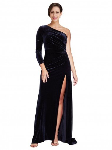 Affordable One Sleeve Long Formal Velvet Bridesmaid Dress / Prom Dress with Thigh High Split UK