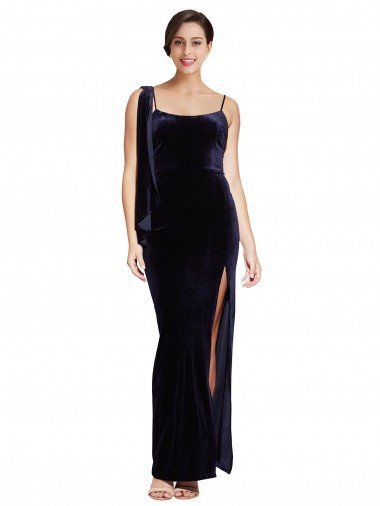 Affordable Long Formal Velvet Bridesmaid Dress / Prom Dress with Side Thigh Split and Shoulder Tie UK