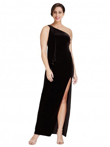 Affordable One Shoulder Long Formal Velvet Bridesmaid Dress / Prom Dress with Side Split and Shoulder Tie UK