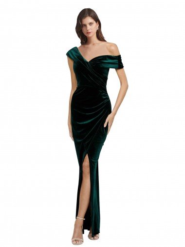 Affordable Long Asymmetric Neckline Ruched Formal Velvet Bridesmaid Dress / Prom Dress UK