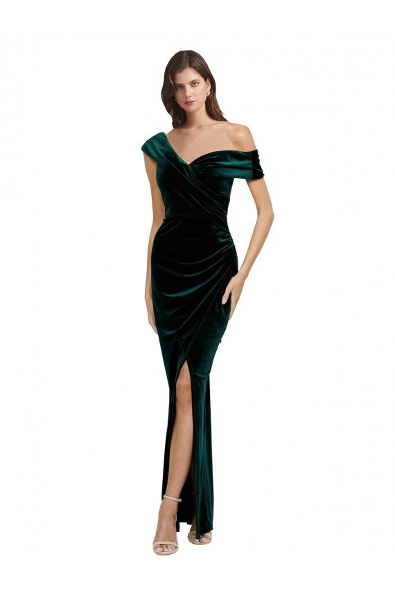 Affordable Long Asymmetric Neckline Ruched Formal Velvet Bridesmaid Dress / Prom Dress UK