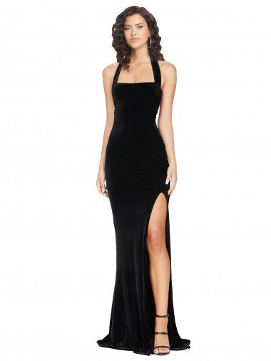 Affordable Halter Neck Wide Straps Long Velvet Bridesmaid Dress / Prom Dress with Side Split UK