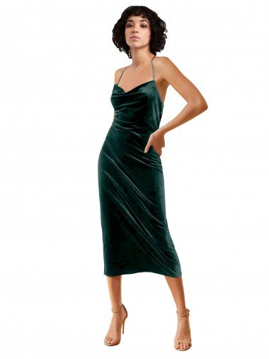 Affordable Midi Cocktail Length Sleek Cowl Neckline Short Formal Velvet Bridesmaid Dress / Prom Dress UK