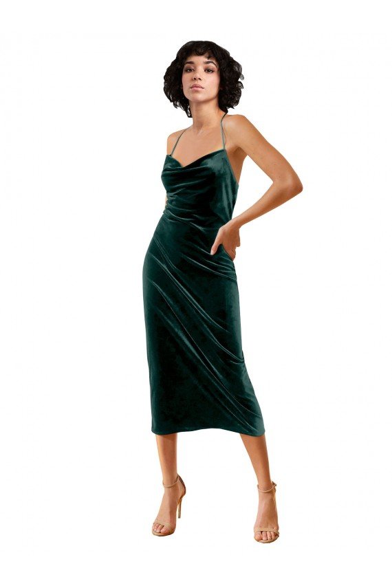 Affordable Midi Cocktail Length Sleek Cowl Neckline Short Formal Velvet Bridesmaid Dress / Prom Dress UK