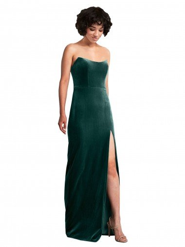 Affordable Scooped Strapless Long Formal Velvet Bridesmaid Dress / Prom Dress with Daring Side Slit UK